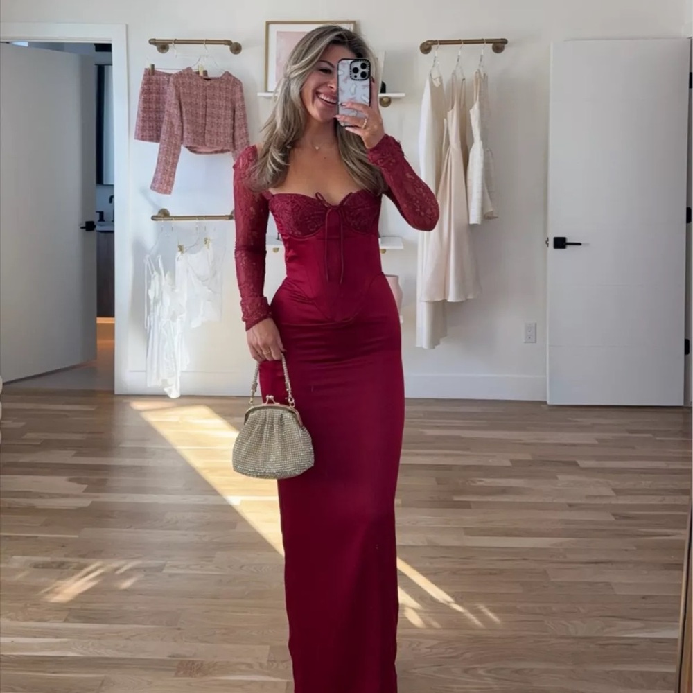 HOUSE OF CB XL A-C 'Perdi' Berry Satin Maxi Dress with Corset NWOT $329 - Picture 5 of 17